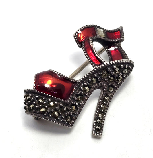 Judith Jack Red enamel high hell marcasite Vintage Sterling Silver Brooch pin