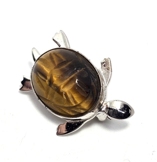 Egyptian Revival Scarab tiger's eye rhodium plated sterling silver brooch