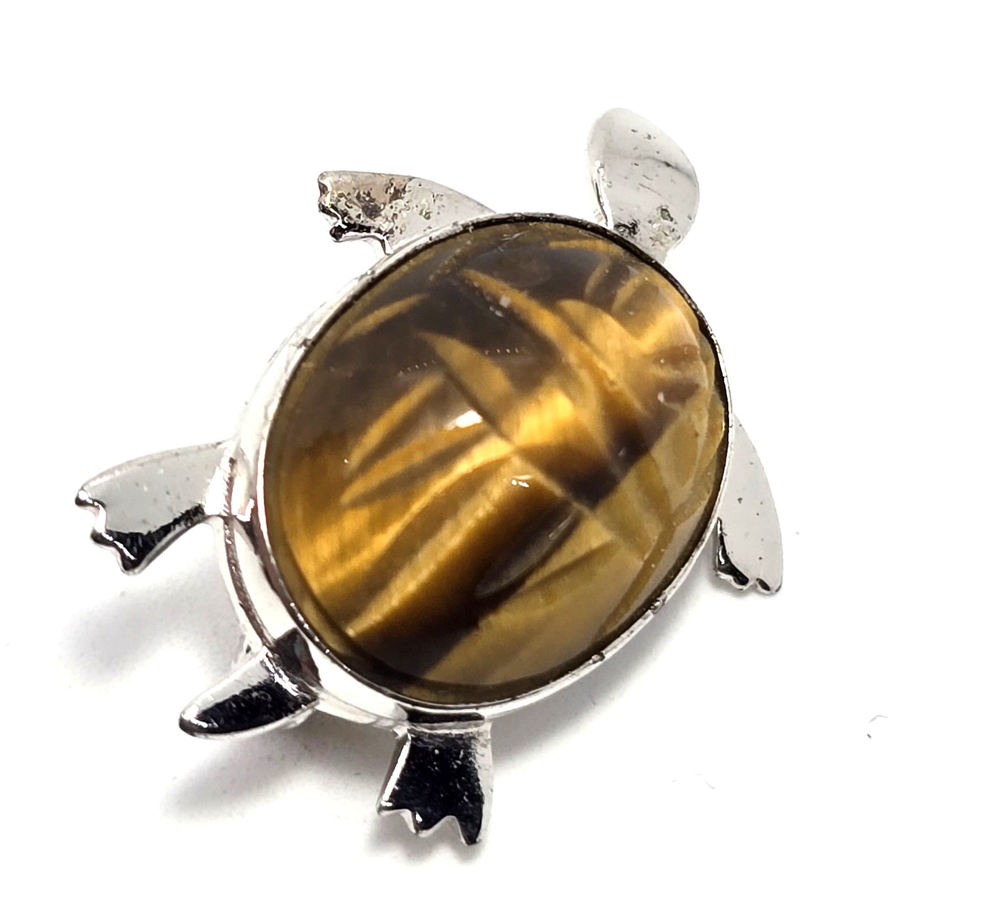 Egyptian Revival Scarab tiger's eye rhodium plated sterling silver brooch