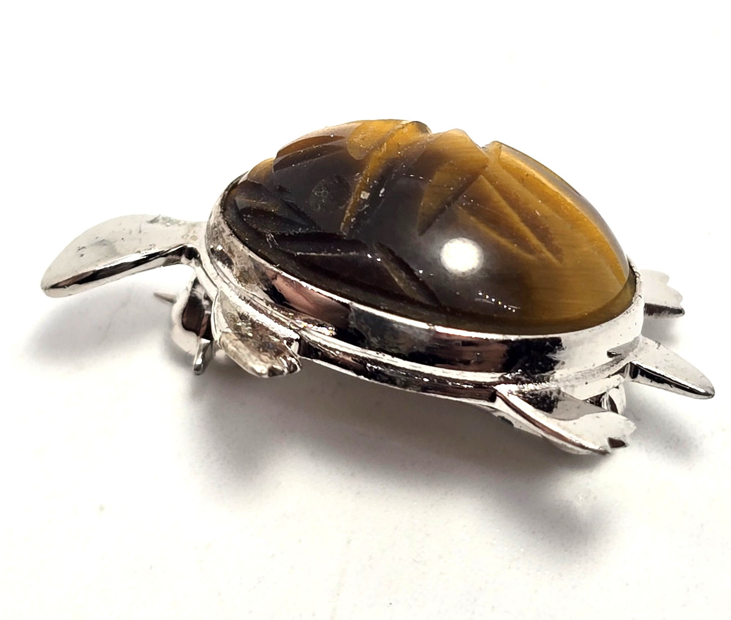 Egyptian Revival Scarab tiger's eye rhodium plated sterling silver brooch
