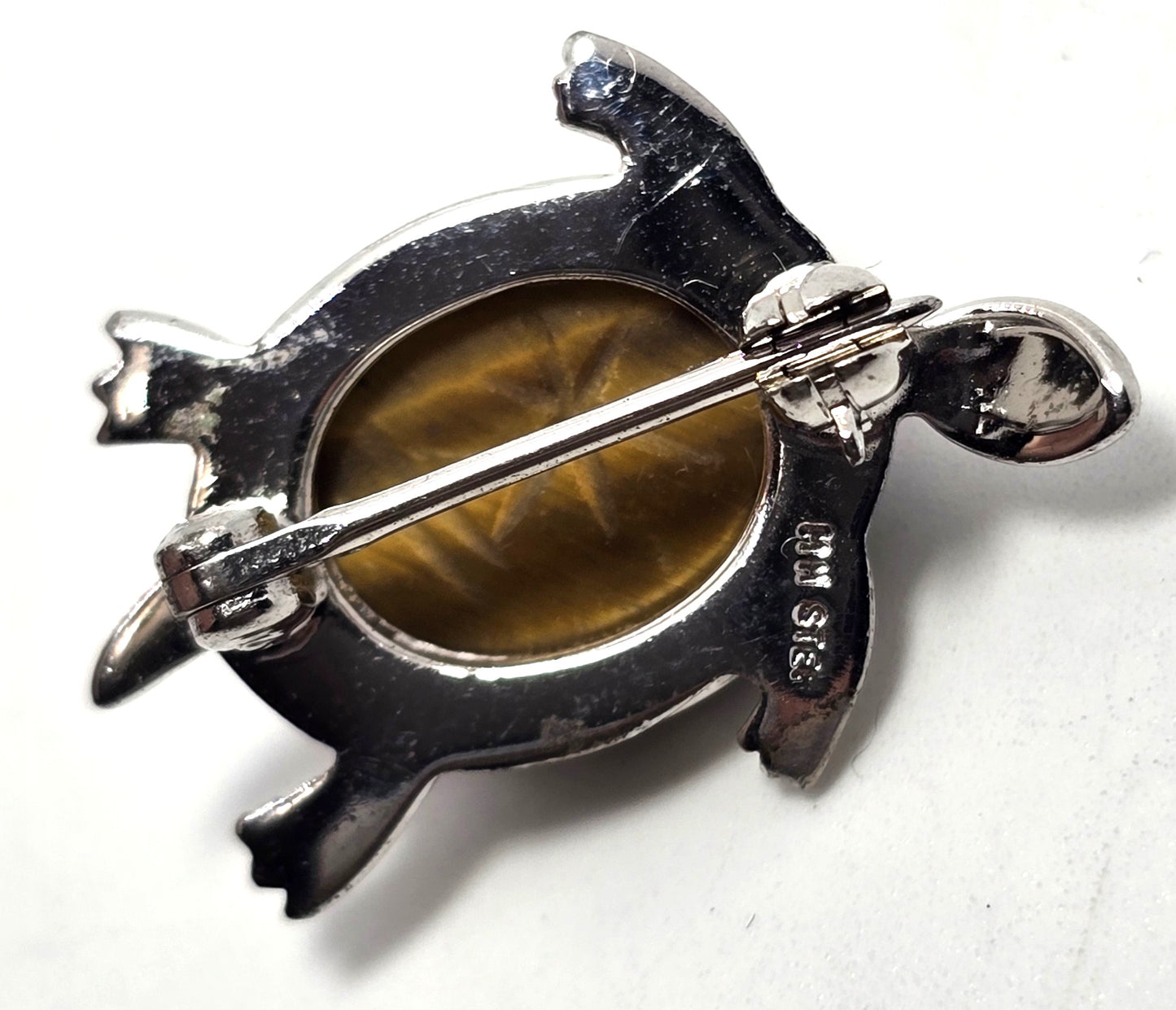 Egyptian Revival Scarab tiger's eye rhodium plated sterling silver brooch