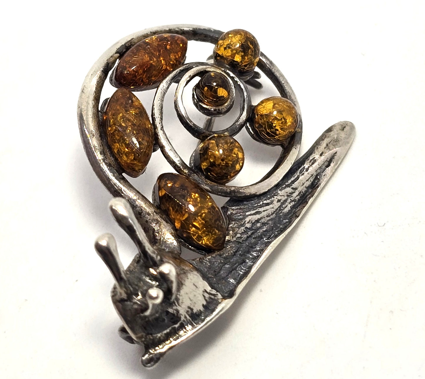 Baltic amber garden snail shell vintage Polish sterling silver brooch