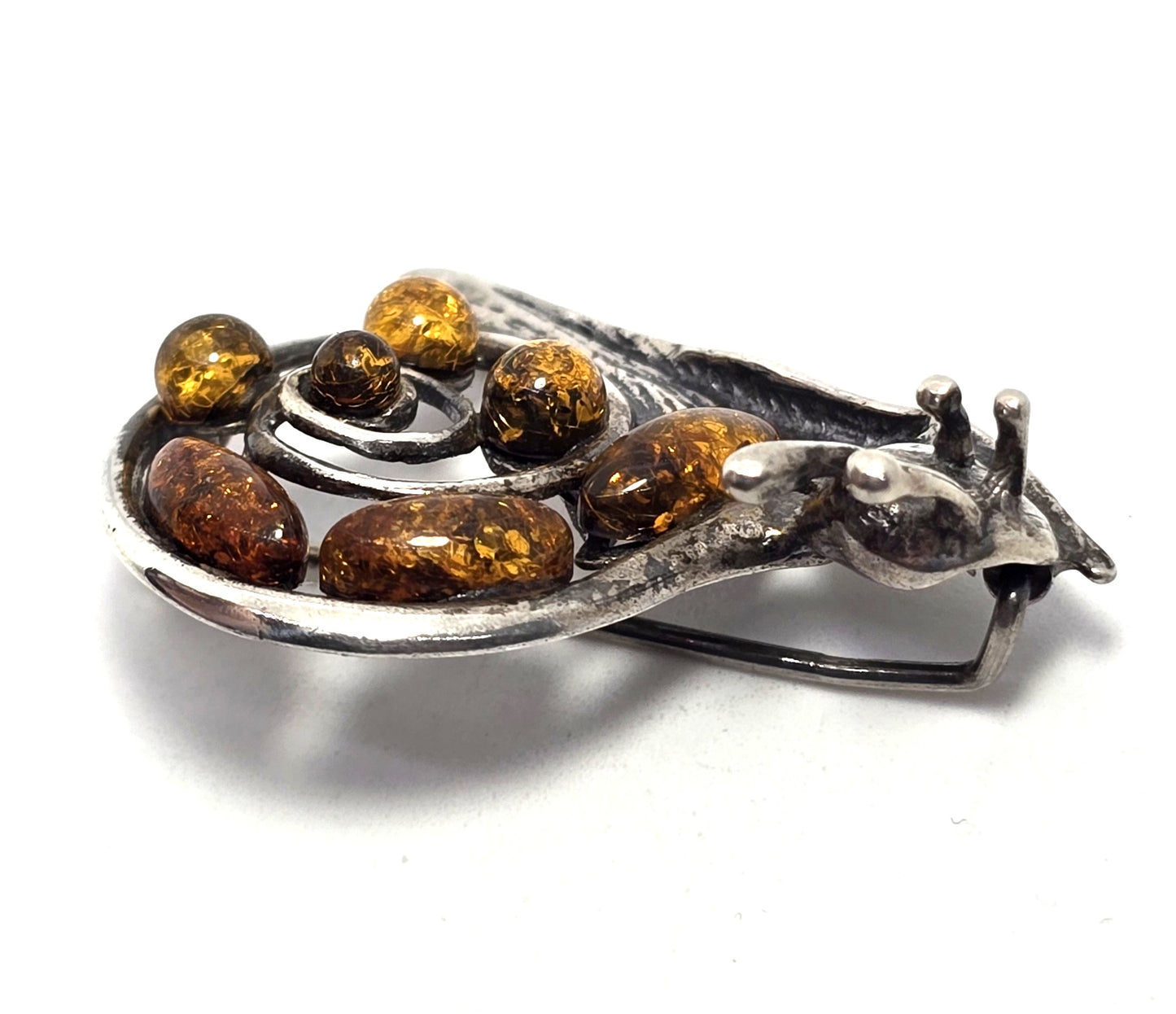 Baltic amber garden snail shell vintage Polish sterling silver brooch