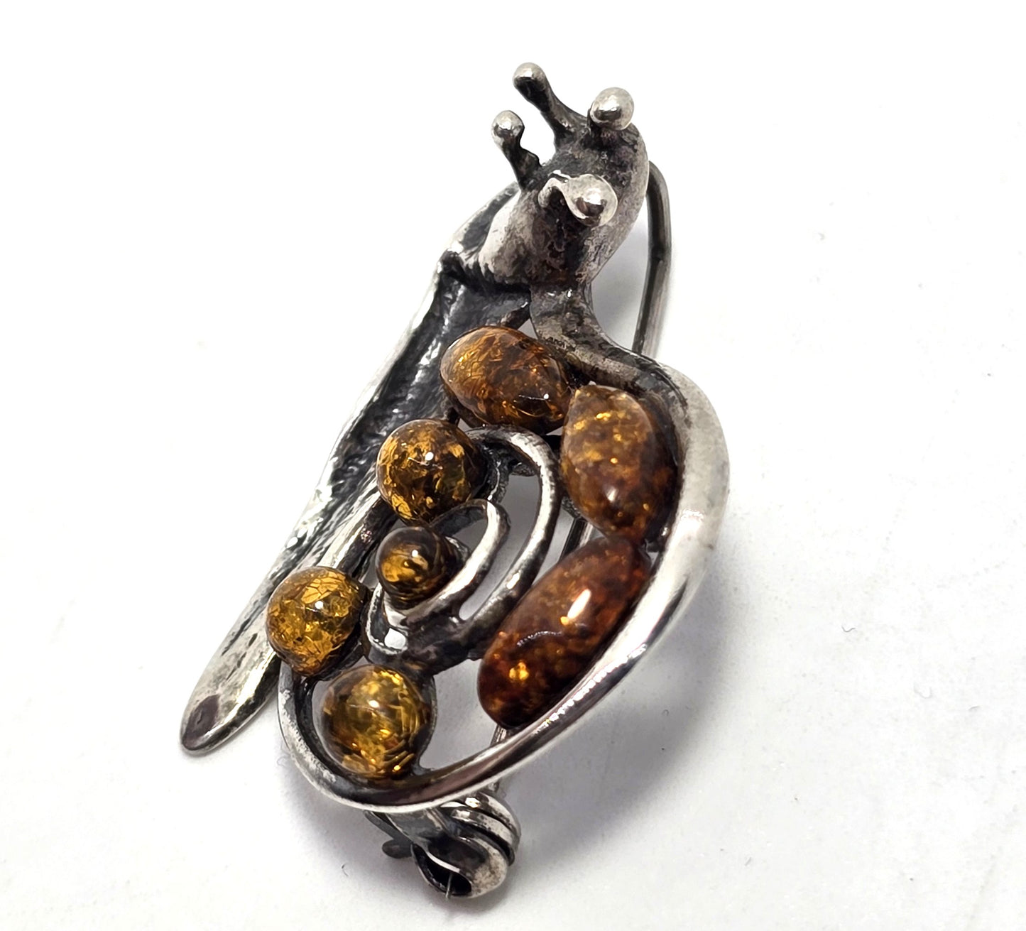 Baltic amber garden snail shell vintage Polish sterling silver brooch