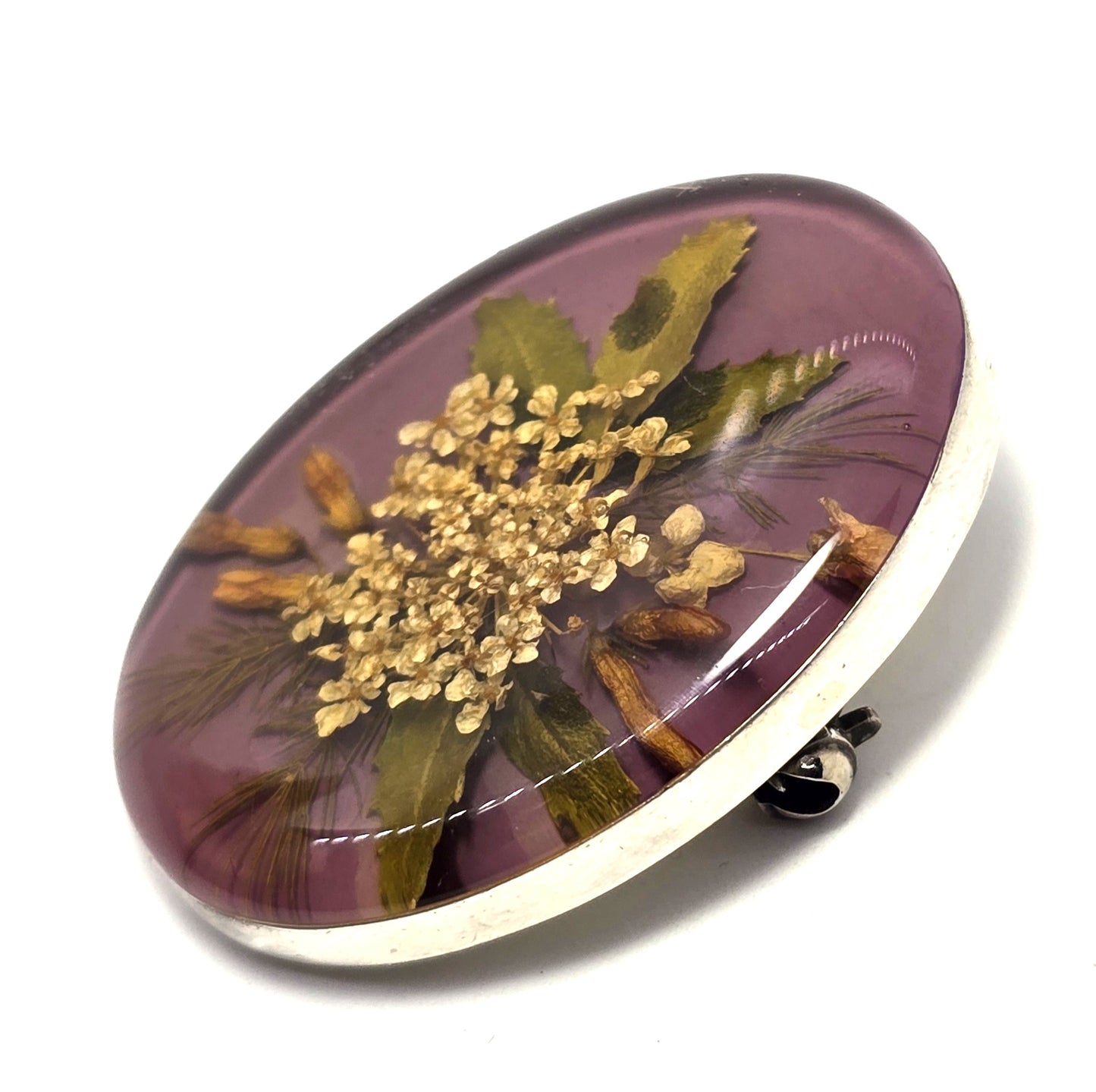 Purple Dried flowers signed sterling silver Mexican vintage pendant brooch
