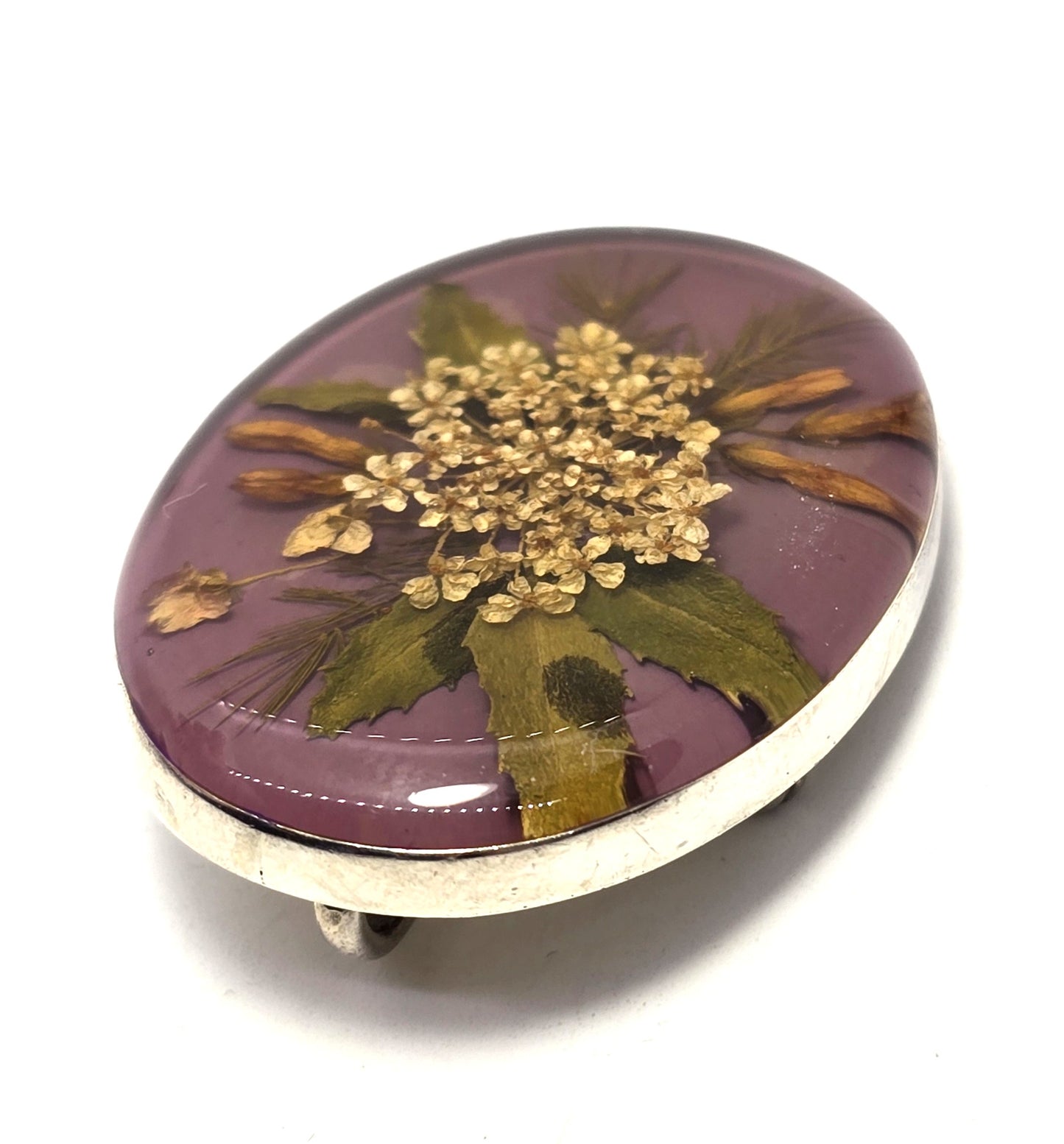 Purple Dried flowers signed sterling silver Mexican vintage pendant brooch