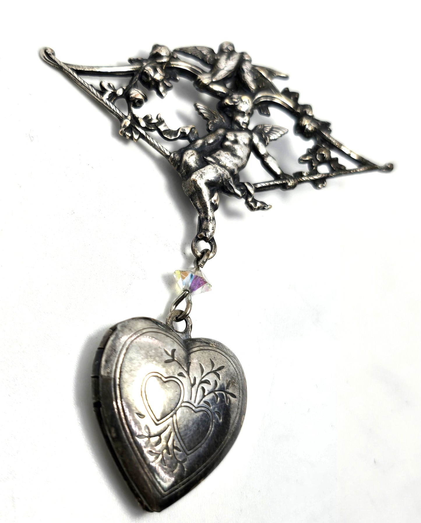 Cherub Cupid Putti Repousse heart locket silver plated vintage brooch