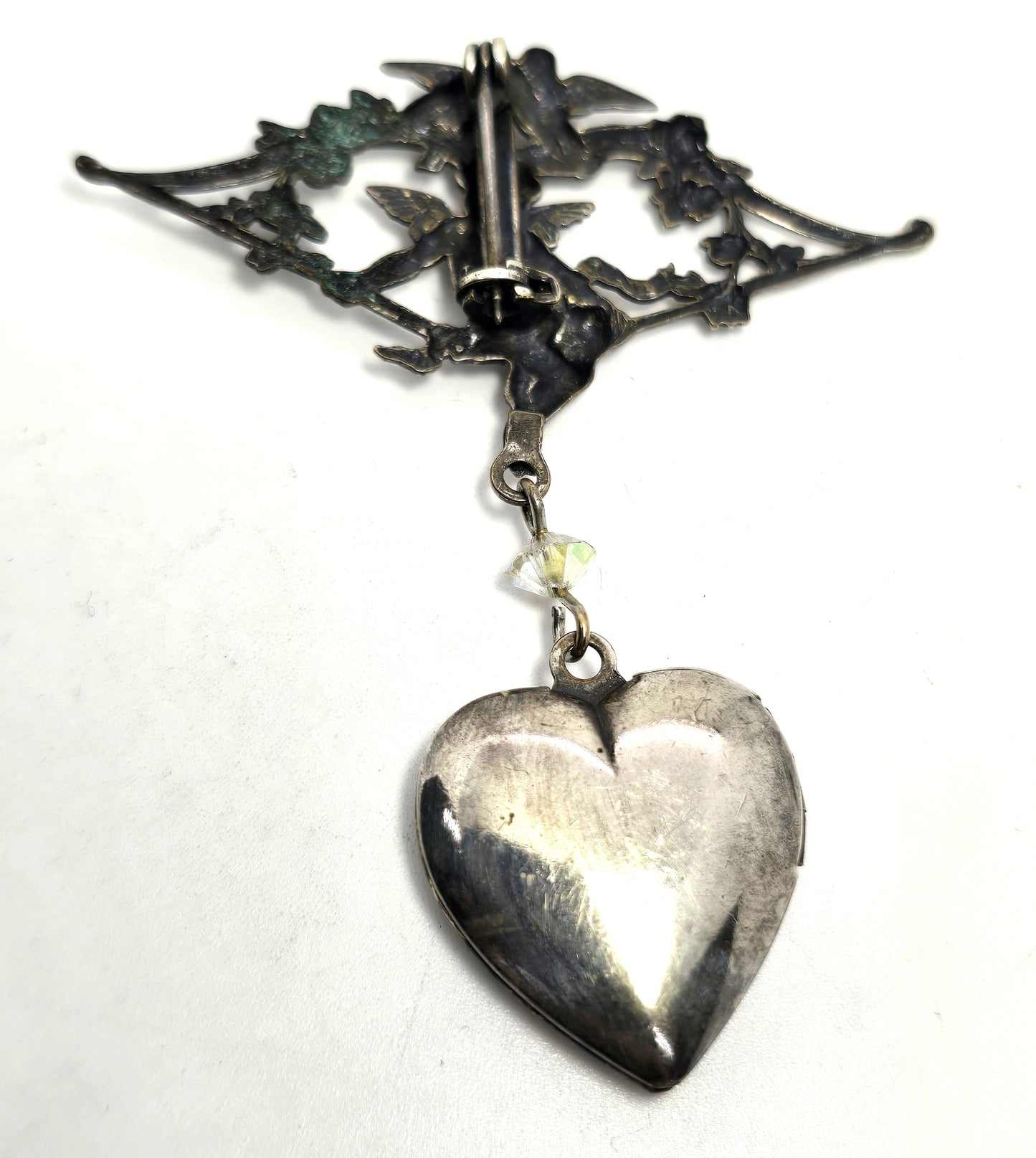Cherub Cupid Putti Repousse heart locket silver plated vintage brooch