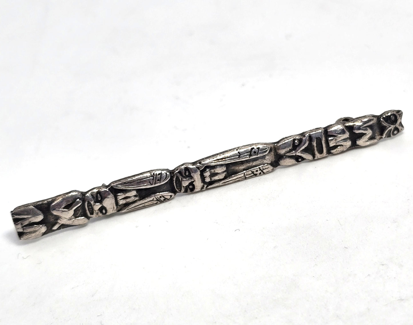 Totem pole vintage Native American sterling silver bar pin cat, owl  and more