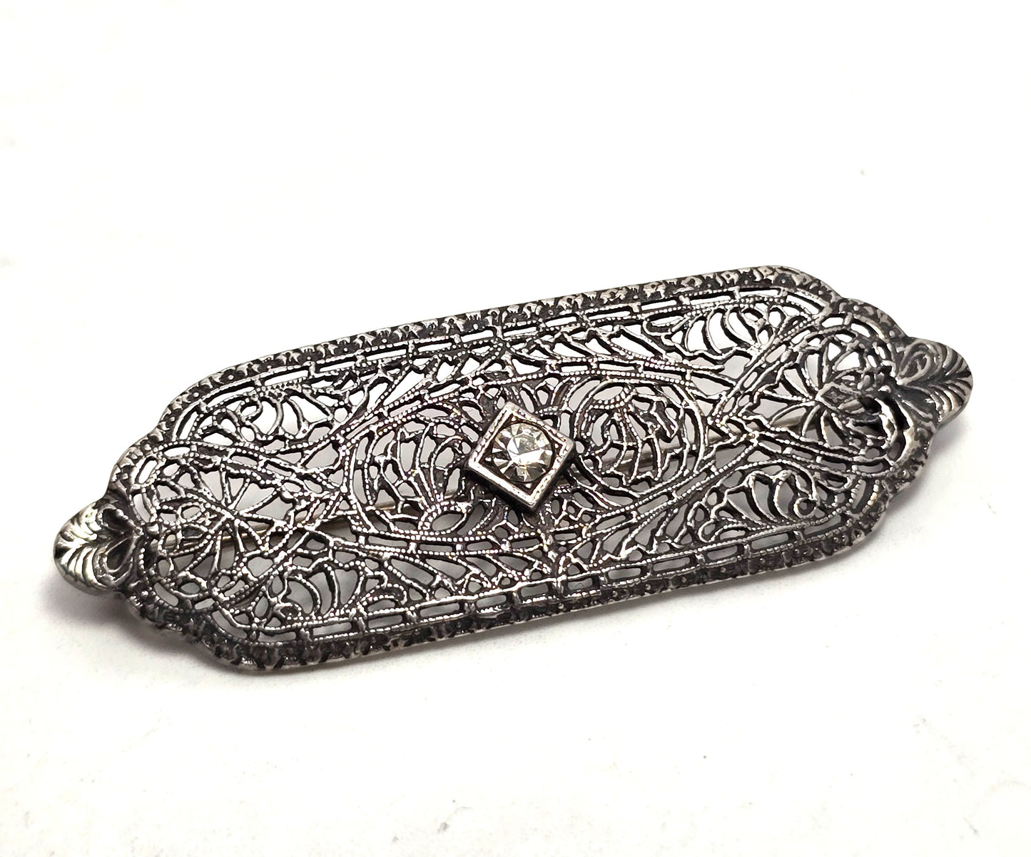 Art Deco fine filigree rhodium plated sterling silver clear paste bar pin brooch