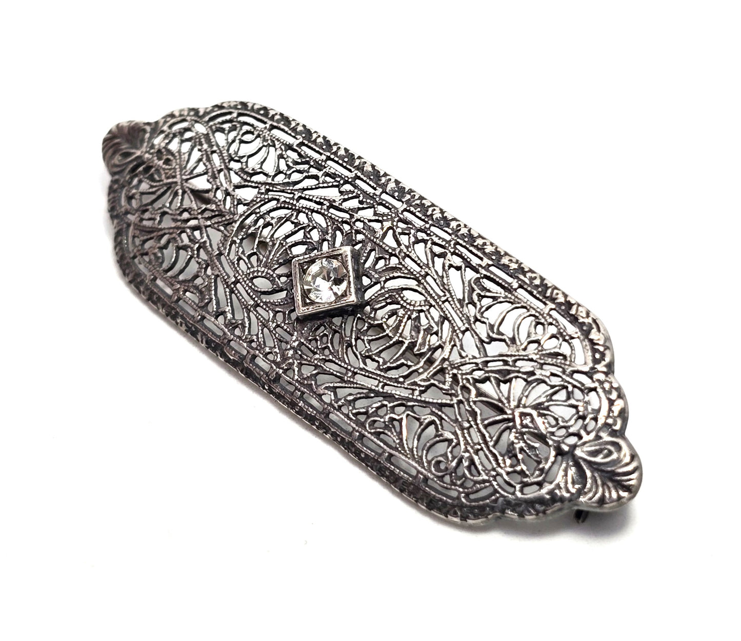 Art Deco fine filigree rhodium plated sterling silver clear paste bar pin brooch