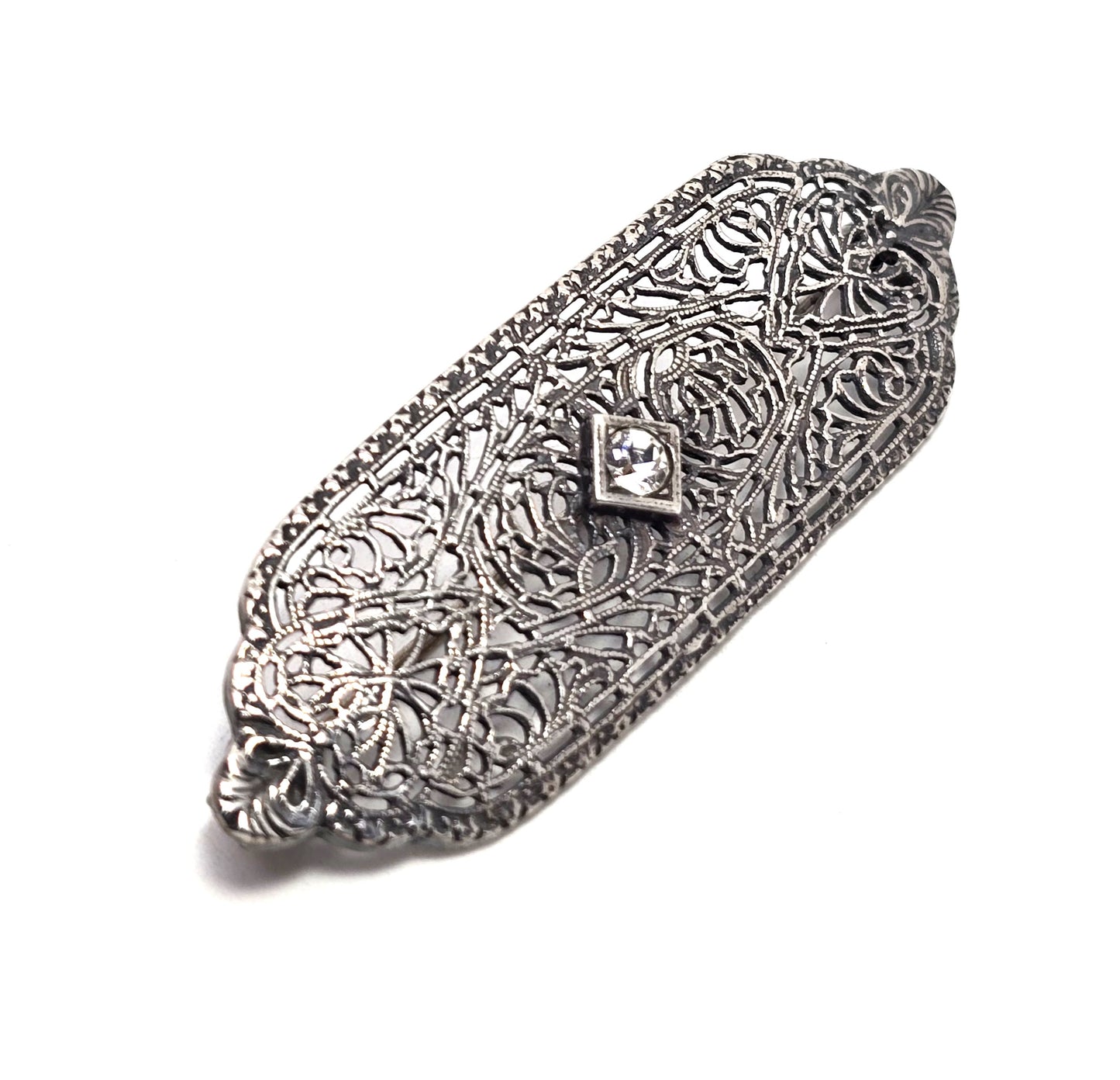 Art Deco fine filigree rhodium plated sterling silver clear paste bar pin brooch