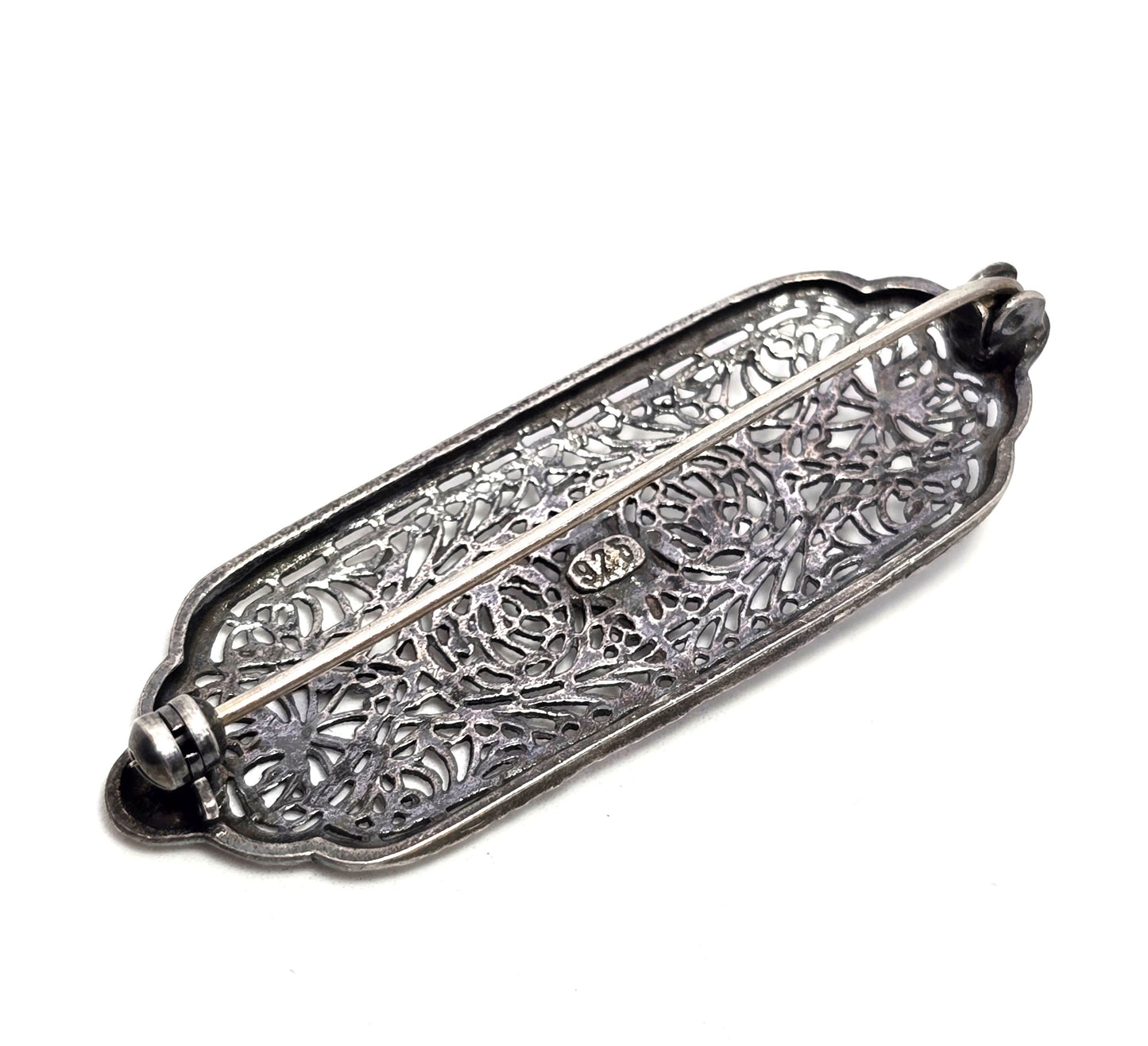 Art Deco fine filigree rhodium plated sterling silver clear paste bar pin brooch