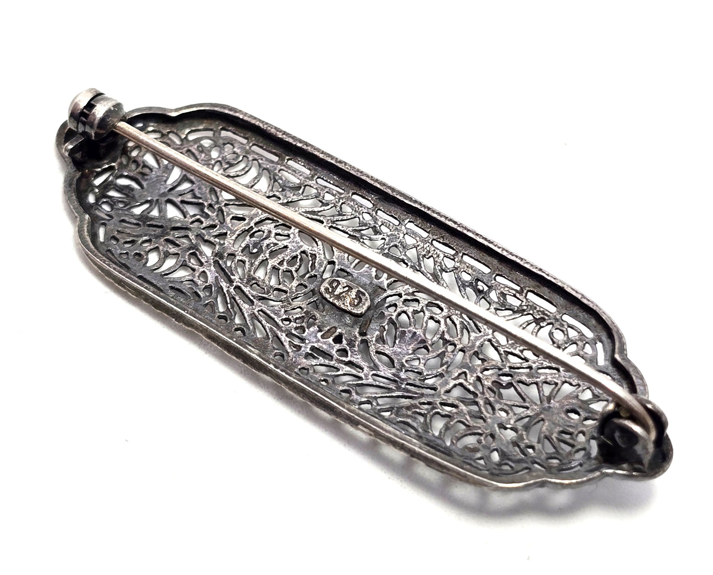 Art Deco fine filigree rhodium plated sterling silver clear paste bar pin brooch
