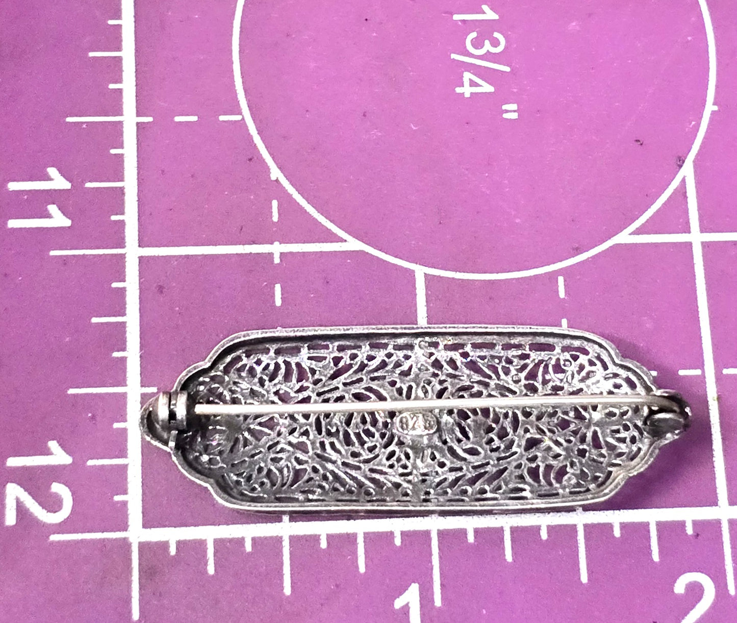 Art Deco fine filigree rhodium plated sterling silver clear paste bar pin brooch