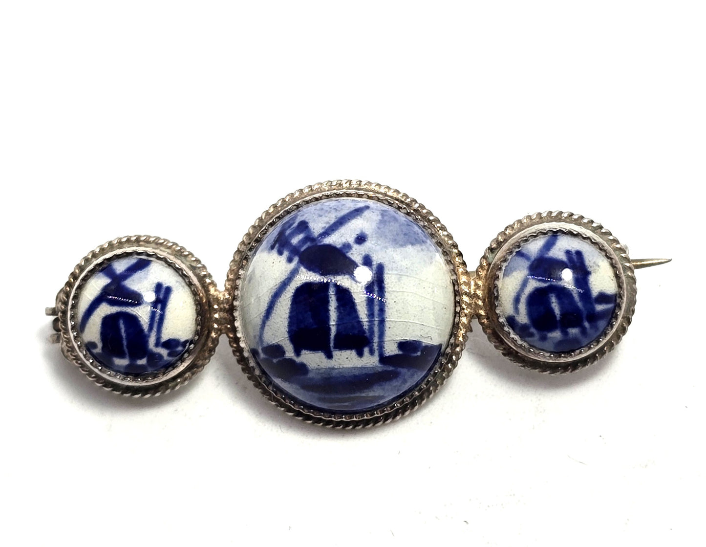 Dutch Delft Blue Porcelain enamel triple windmill vintage sterling silver Brooch