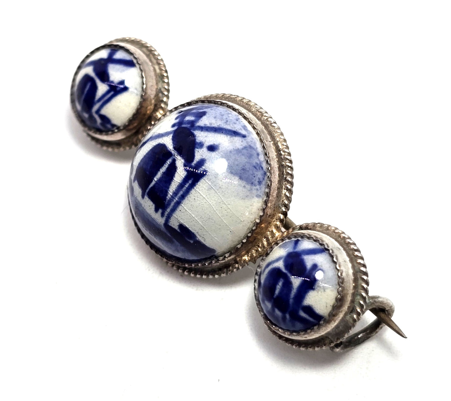 Dutch Delft Blue Porcelain enamel triple windmill vintage sterling silver Brooch