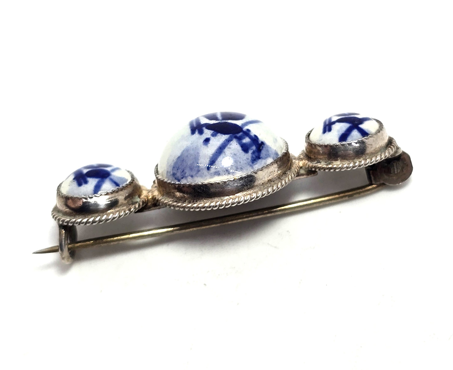 Dutch Delft Blue Porcelain enamel triple windmill vintage sterling silver Brooch