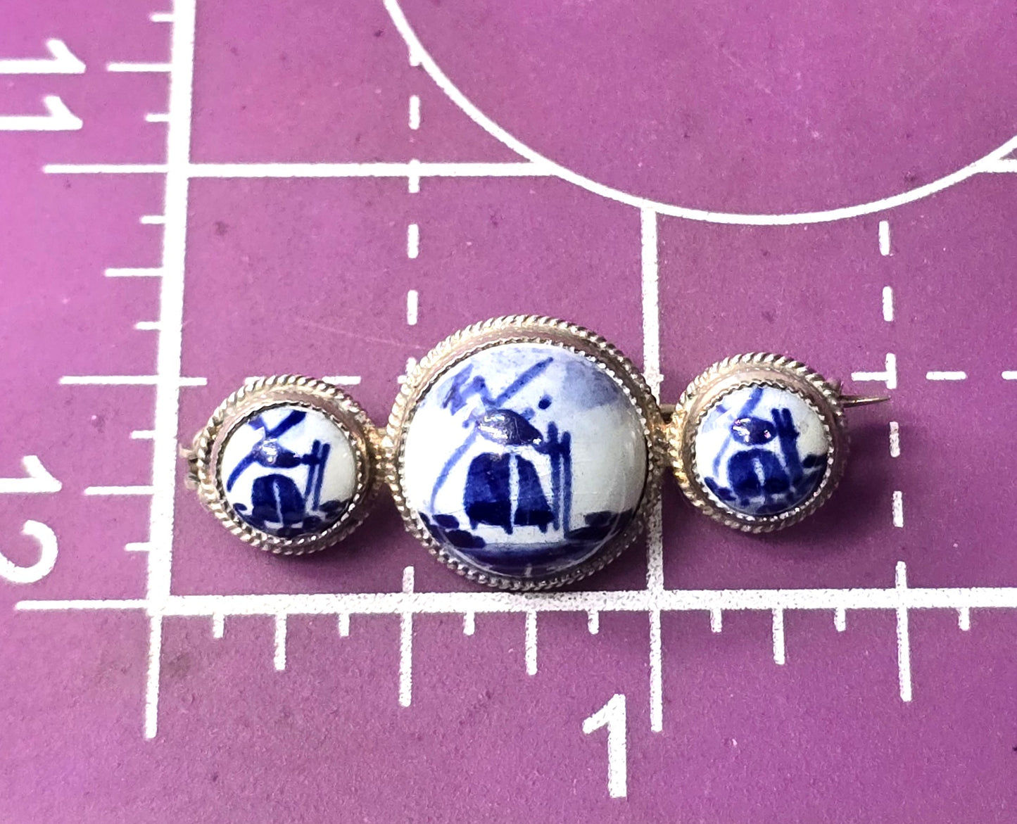 Dutch Delft Blue Porcelain enamel triple windmill vintage sterling silver Brooch