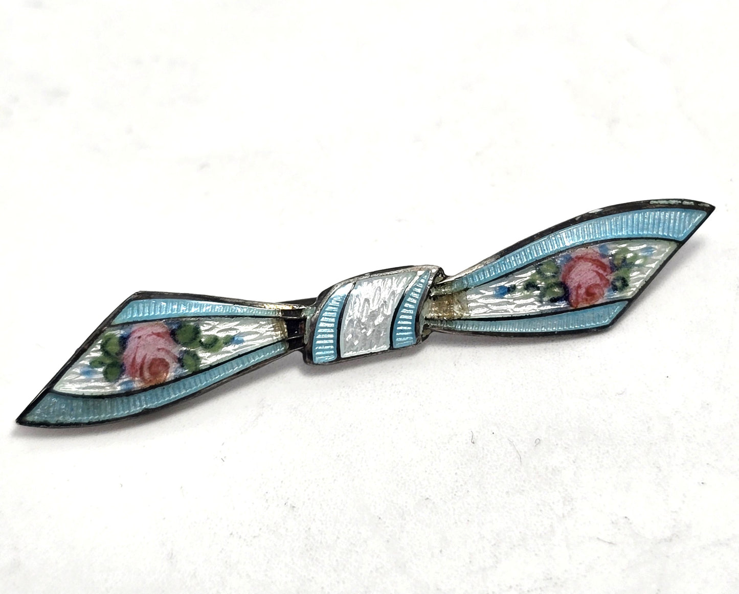 Art Deco Blue Guilloche pink rose vintage sterling silver bow brooch