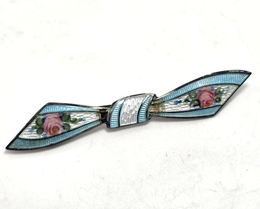 Art Deco Blue Guilloche pink rose vintage sterling silver bow brooch