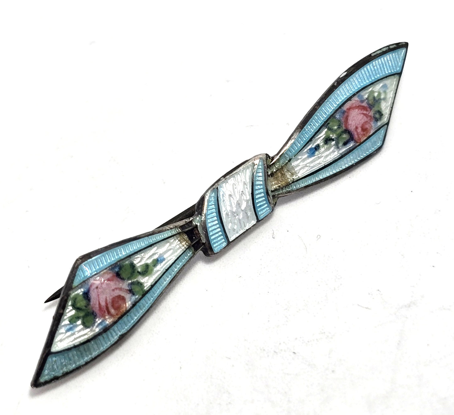 Art Deco Blue Guilloche pink rose vintage sterling silver bow brooch