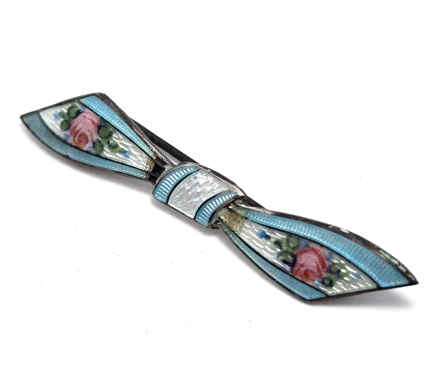Art Deco Blue Guilloche pink rose vintage sterling silver bow brooch