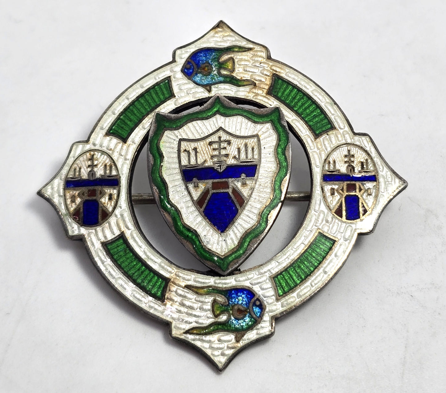 Panama Canal Antique Sterling Silver Guilloche Enameled Large brooch