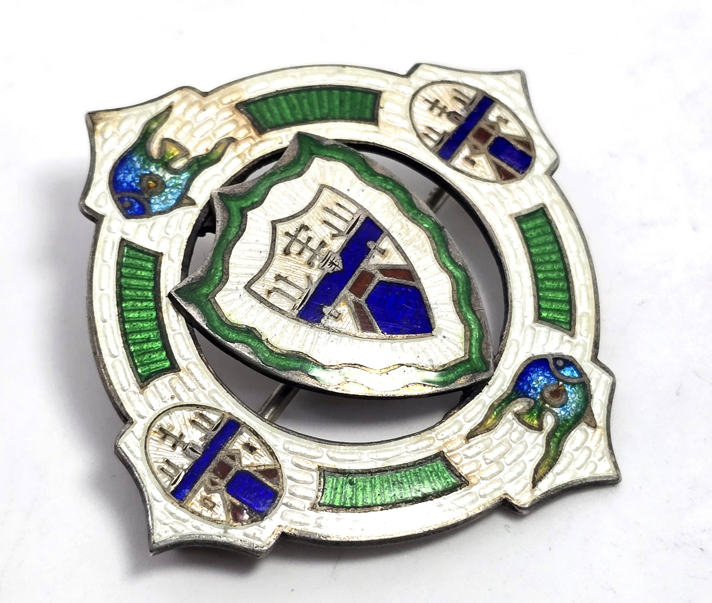 Panama Canal Antique Sterling Silver Guilloche Enameled Large brooch