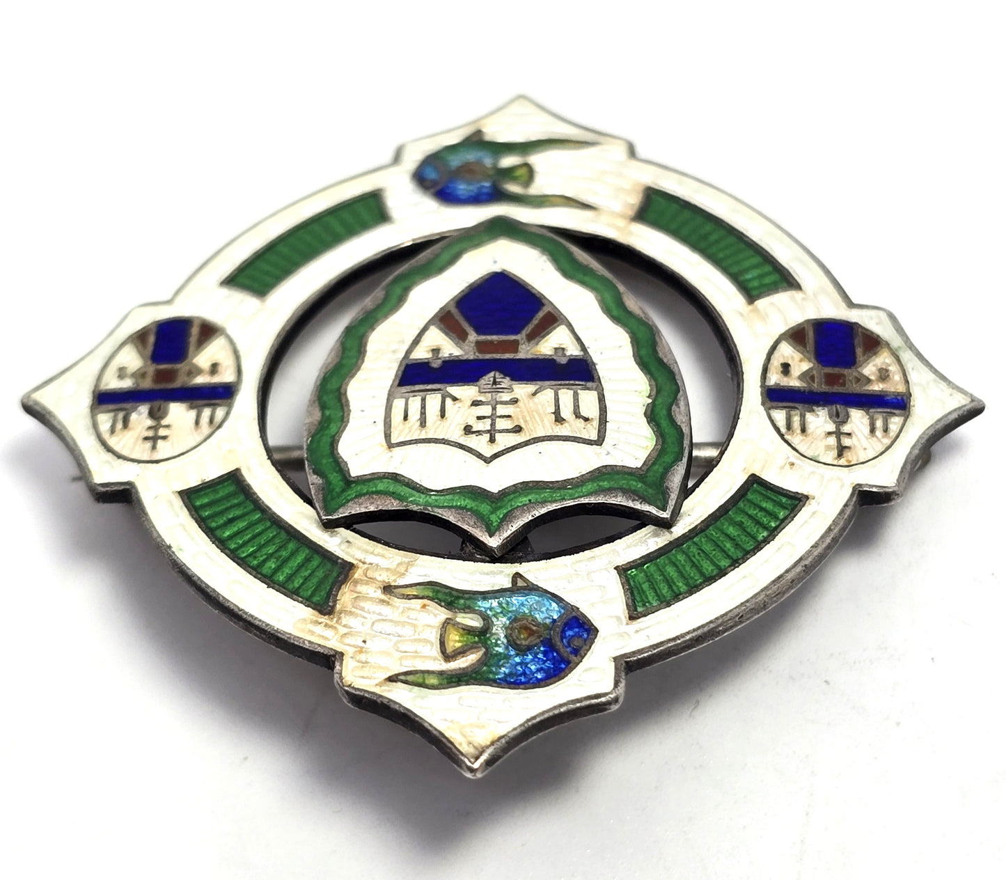 Panama Canal Antique Sterling Silver Guilloche Enameled Large brooch