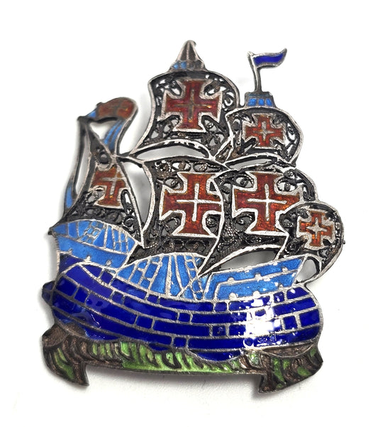 Portuguese enamel Ship galleon spun sterling silver vintage brooch