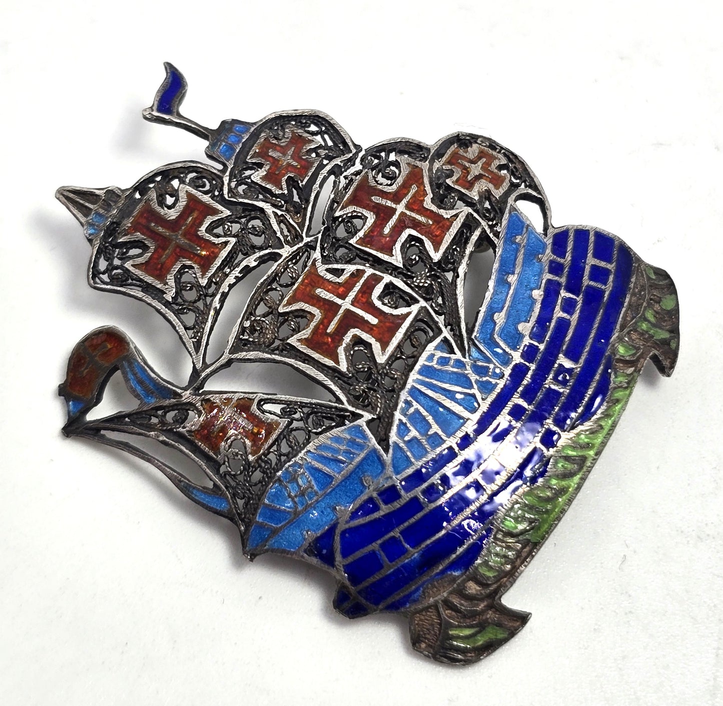 Portuguese enamel Ship galleon spun sterling silver vintage brooch