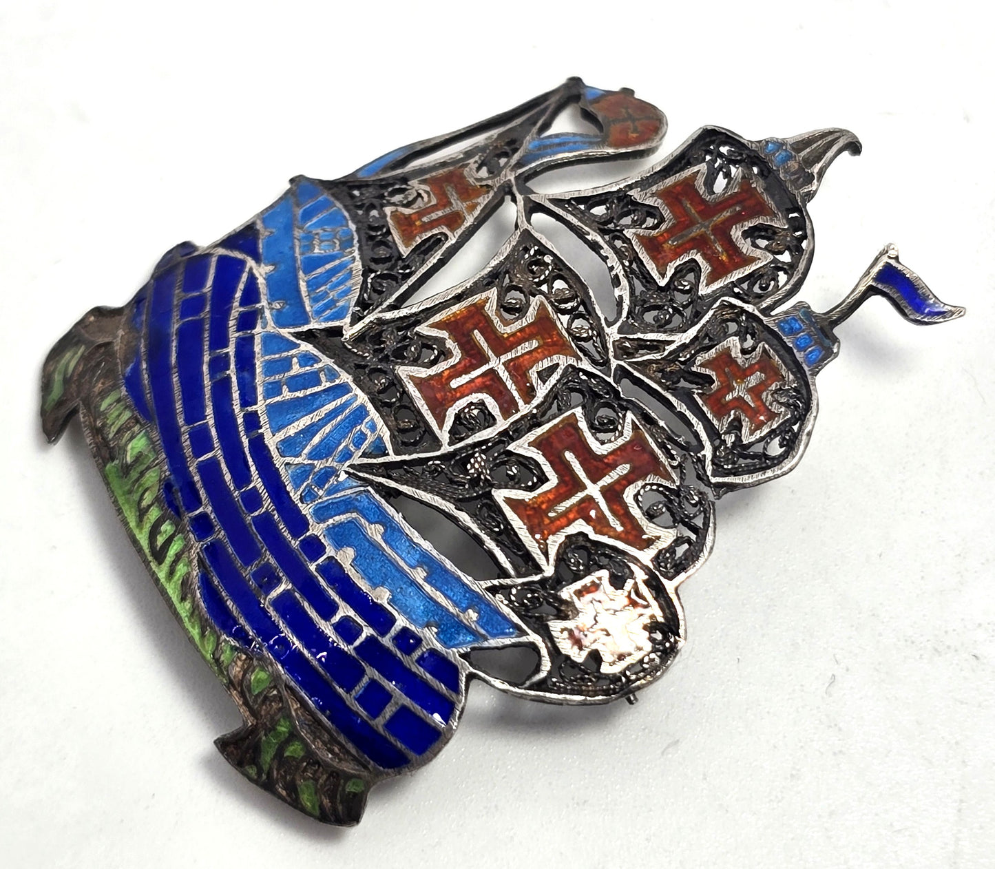Portuguese enamel Ship galleon spun sterling silver vintage brooch