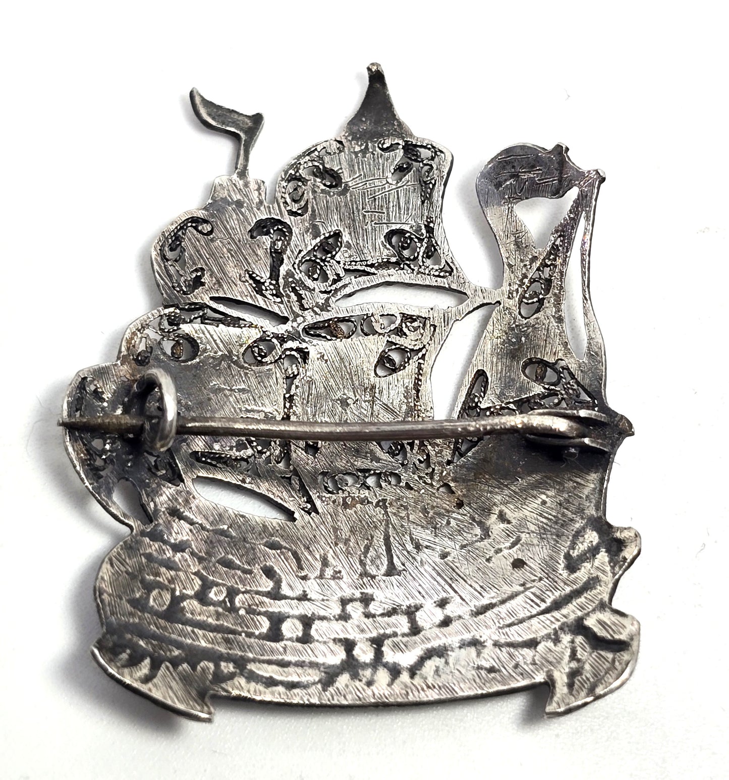 Portuguese enamel Ship galleon spun sterling silver vintage brooch