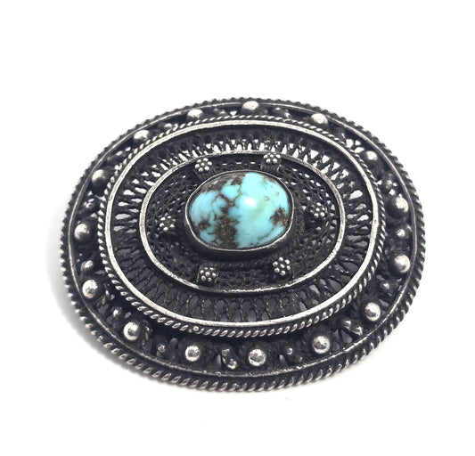 Antique turquoise sterling silver artisan vintage spun silver brooch