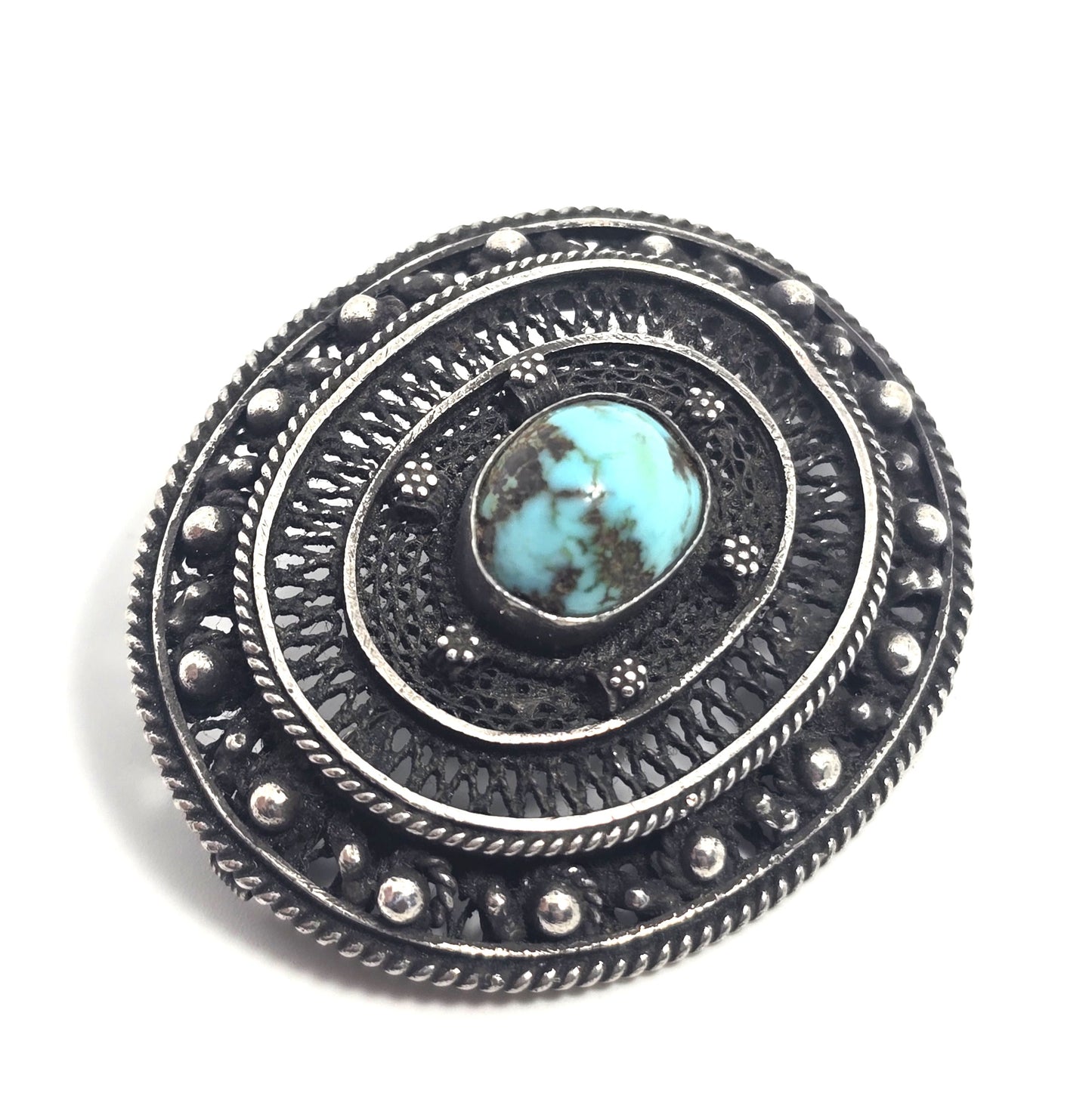 Antique turquoise sterling silver artisan vintage spun silver brooch