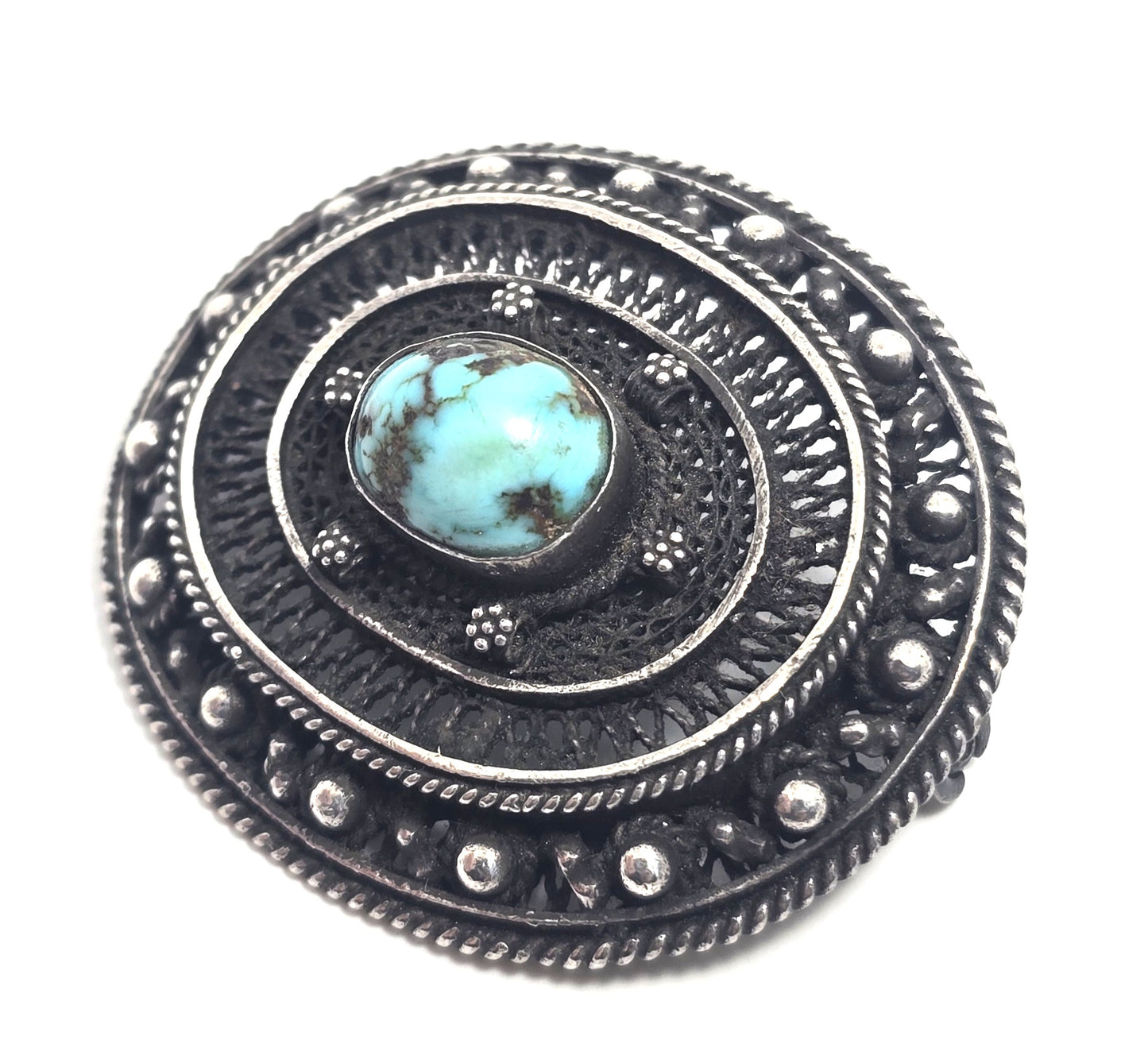 Antique turquoise sterling silver artisan vintage spun silver brooch