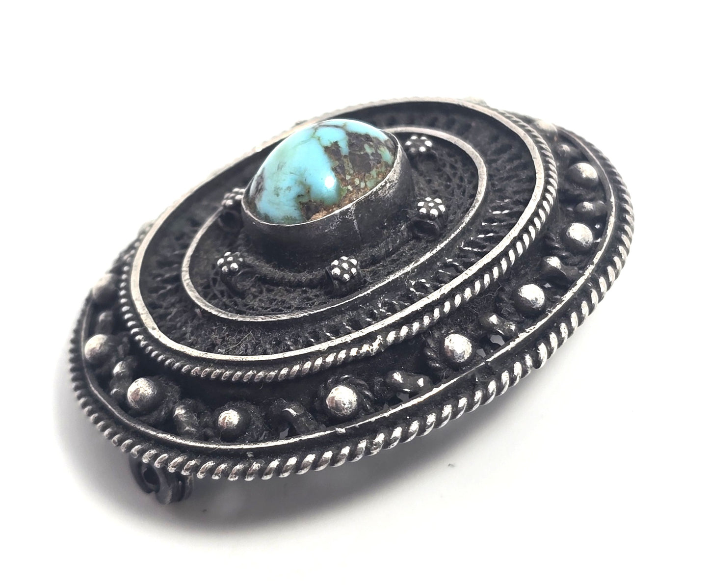 Antique turquoise sterling silver artisan vintage spun silver brooch