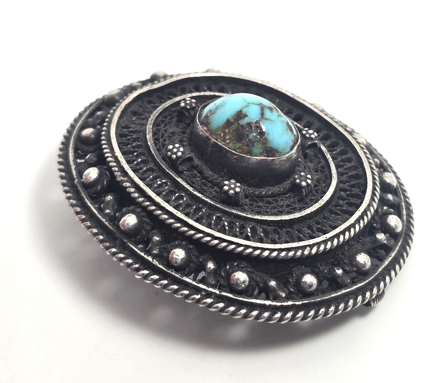 Antique turquoise sterling silver artisan vintage spun silver brooch
