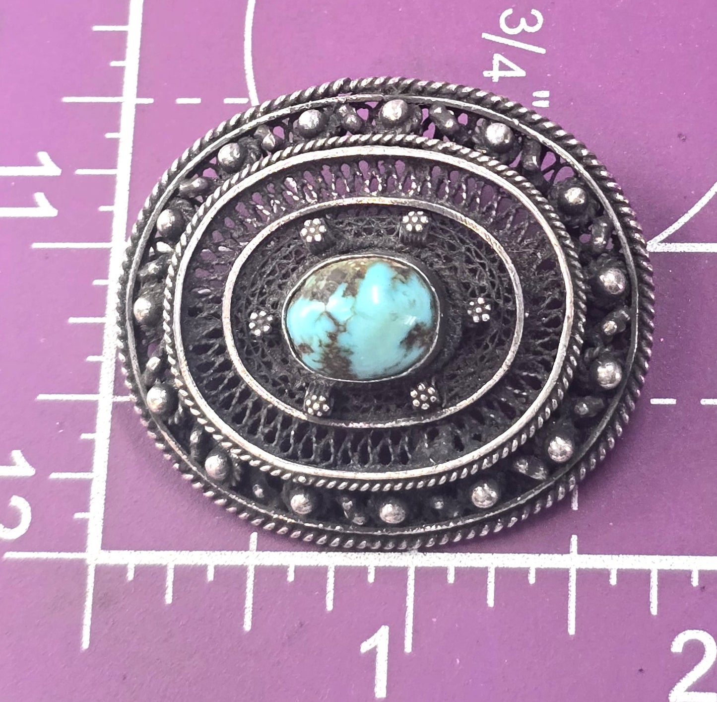 Antique turquoise sterling silver artisan vintage spun silver brooch