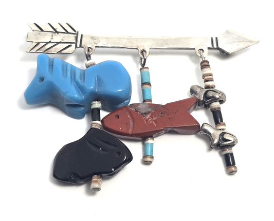 Vintage Native American Arrow Brooch Animal Carved Fetish Sterling Silver
