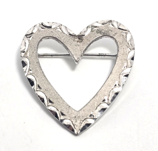 Etched sterling silver open heart signed vintage retro brooch