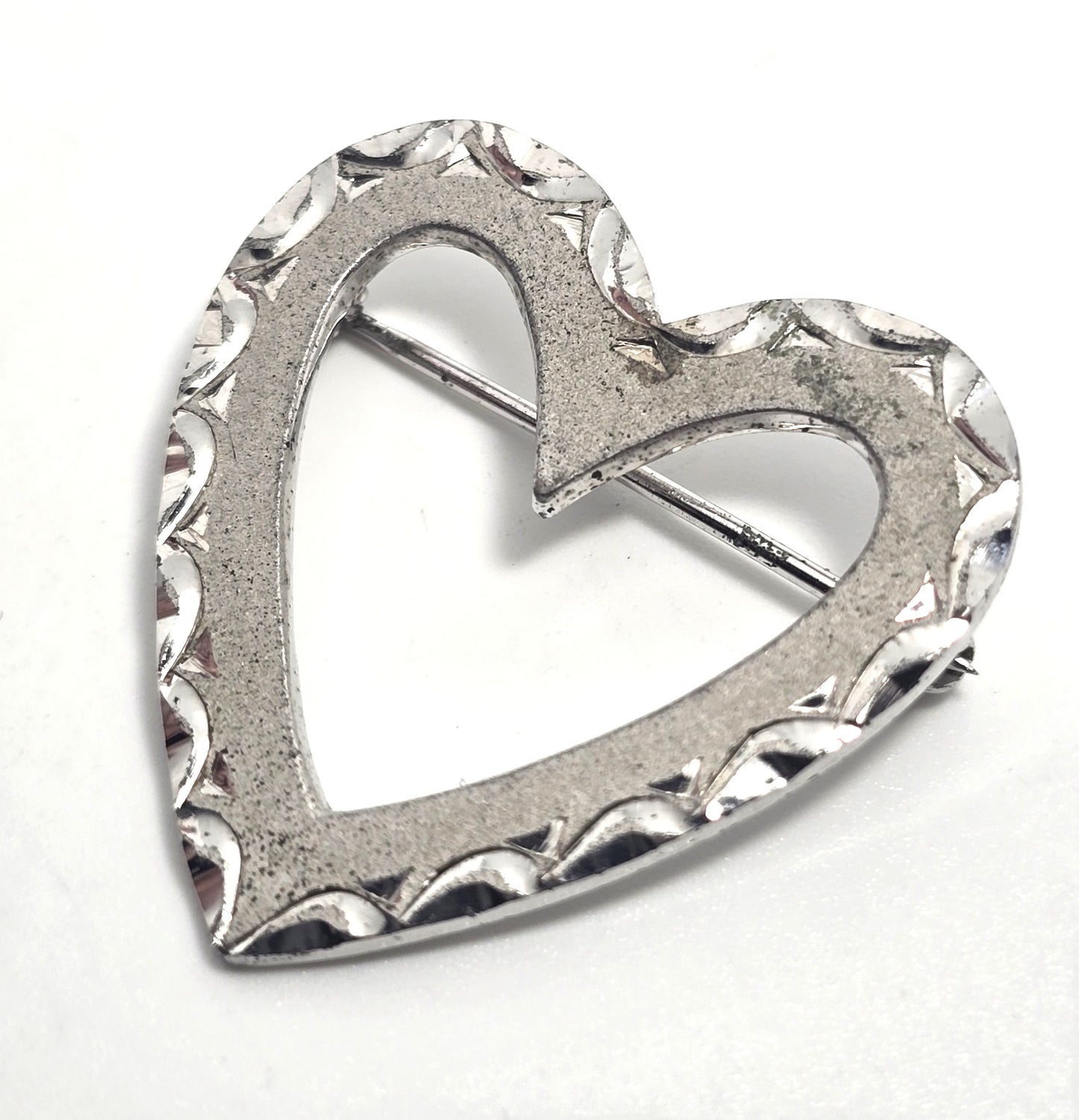 Etched sterling silver open heart signed vintage retro brooch