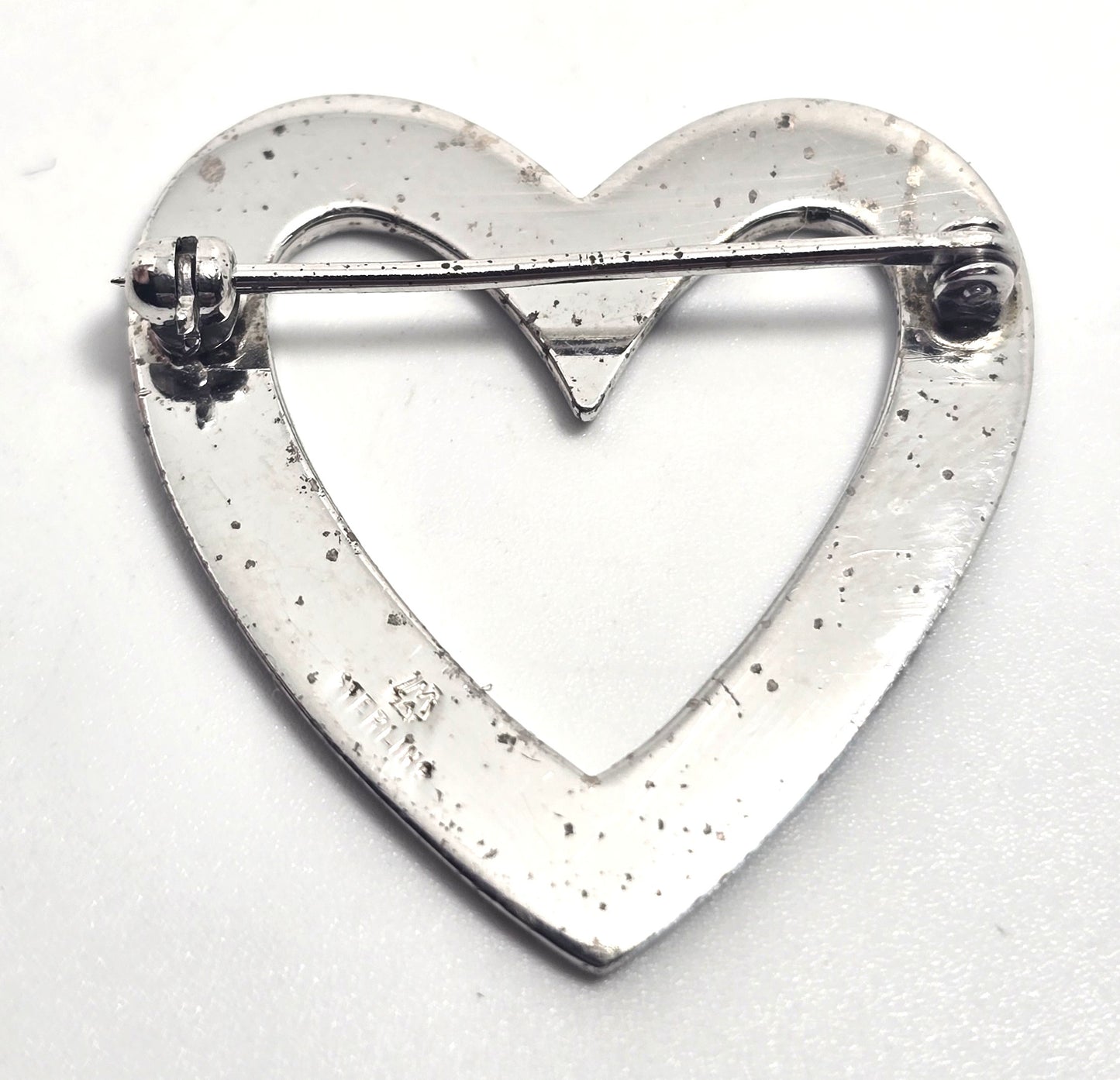 Etched sterling silver open heart signed vintage retro brooch