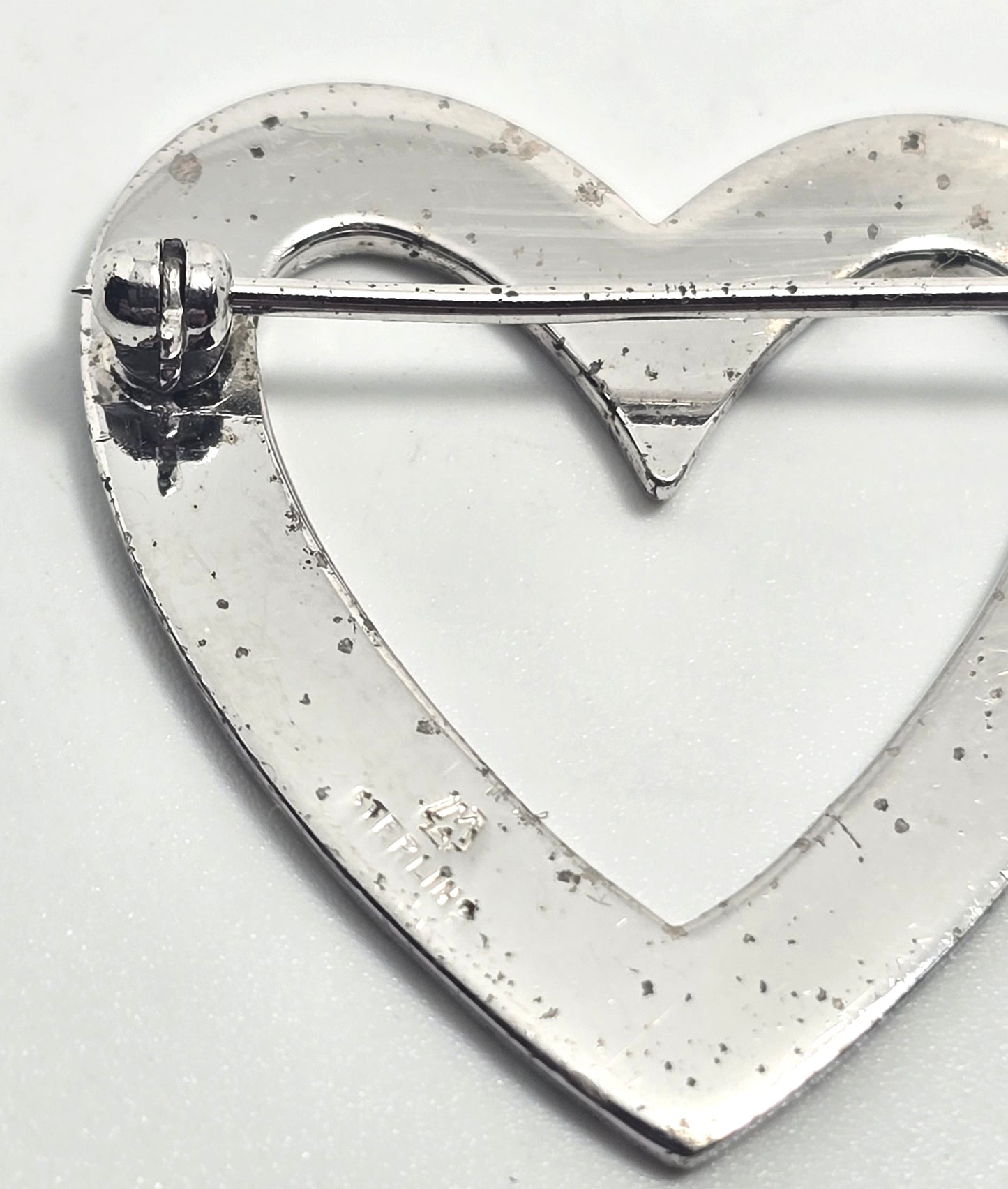 Etched sterling silver open heart signed vintage retro brooch