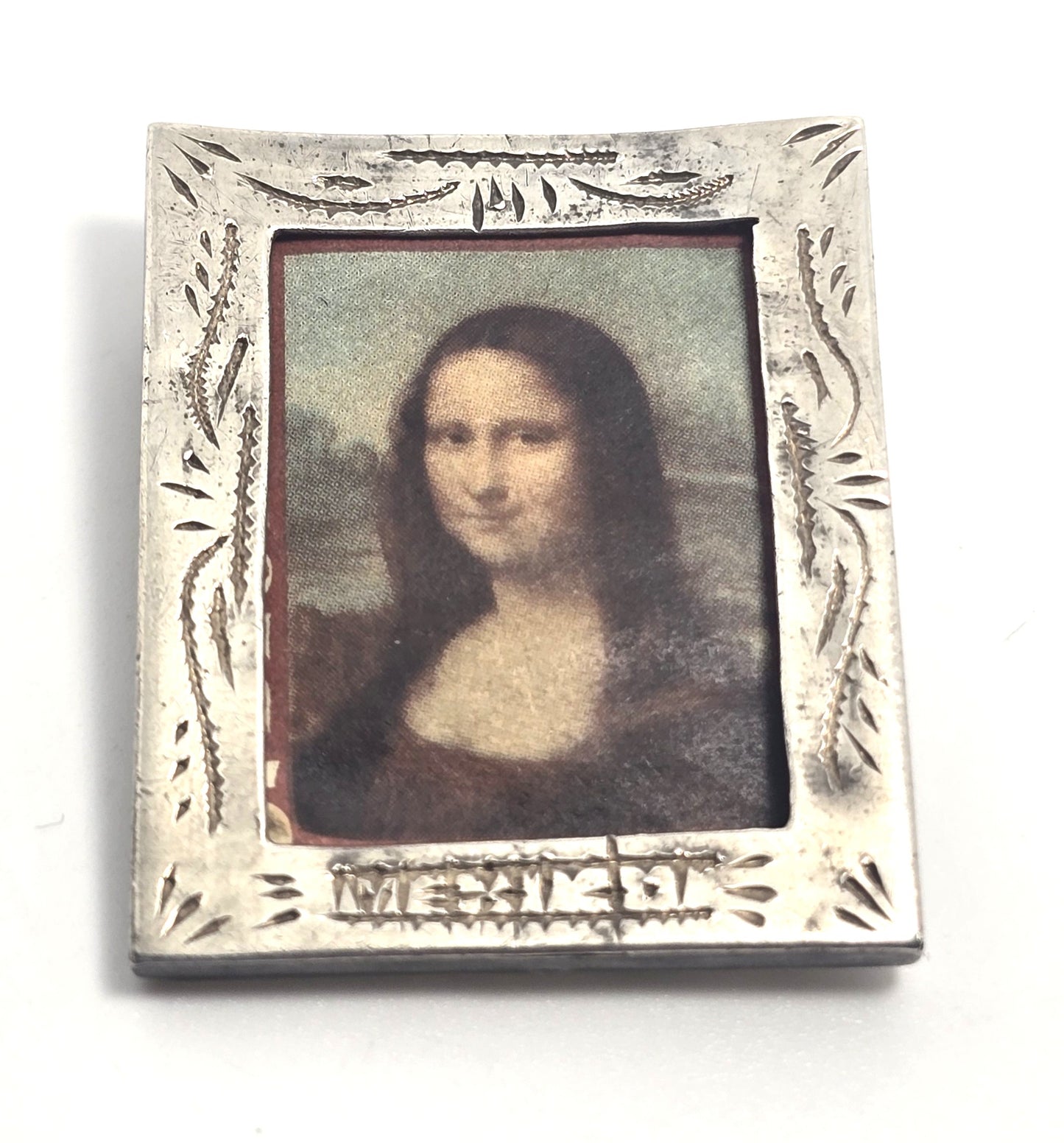 Mexico etched frame vintage sterling silver pendant brooch