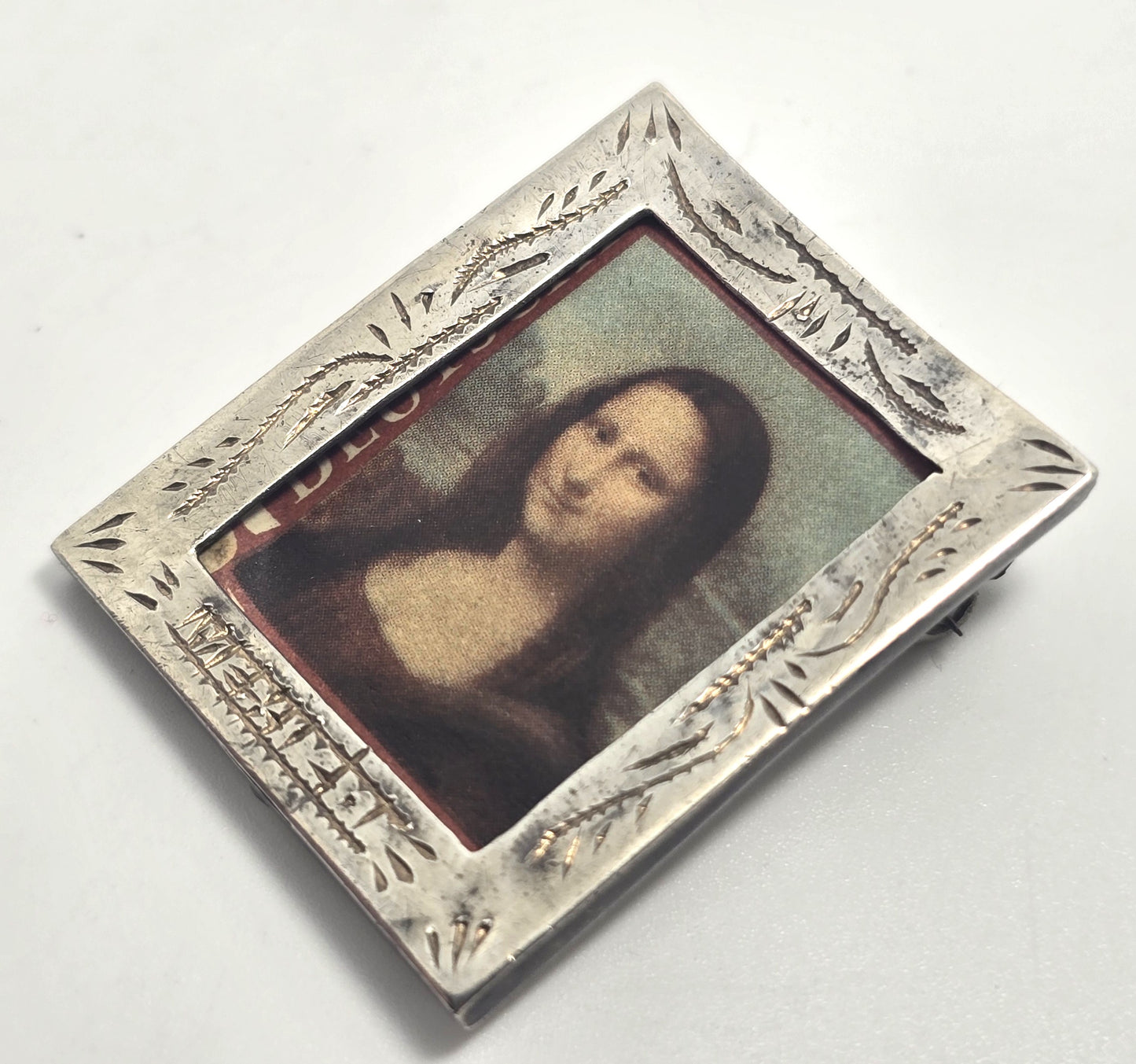 Mexico etched frame vintage sterling silver pendant brooch