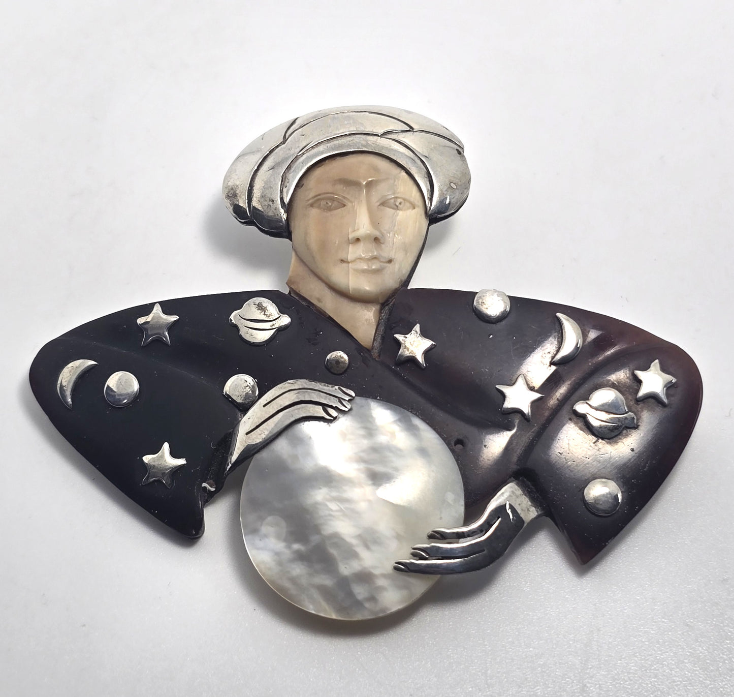 Zealandia "Mystic Seer" vintage sterling silver MOP brooch "Fortune Teller"