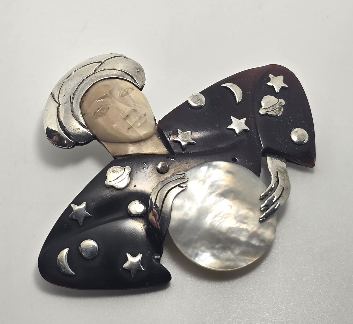 Zealandia "Mystic Seer" vintage sterling silver MOP brooch "Fortune Teller"