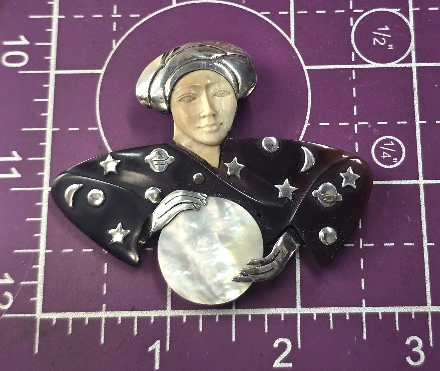 Zealandia "Mystic Seer" vintage sterling silver MOP brooch "Fortune Teller"
